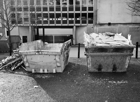 Construction site with various waste materials for disposal